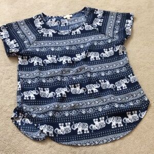 Lily White Elephant Blouse Size S Navy Blue & White Elephant/Floral/Geometric
